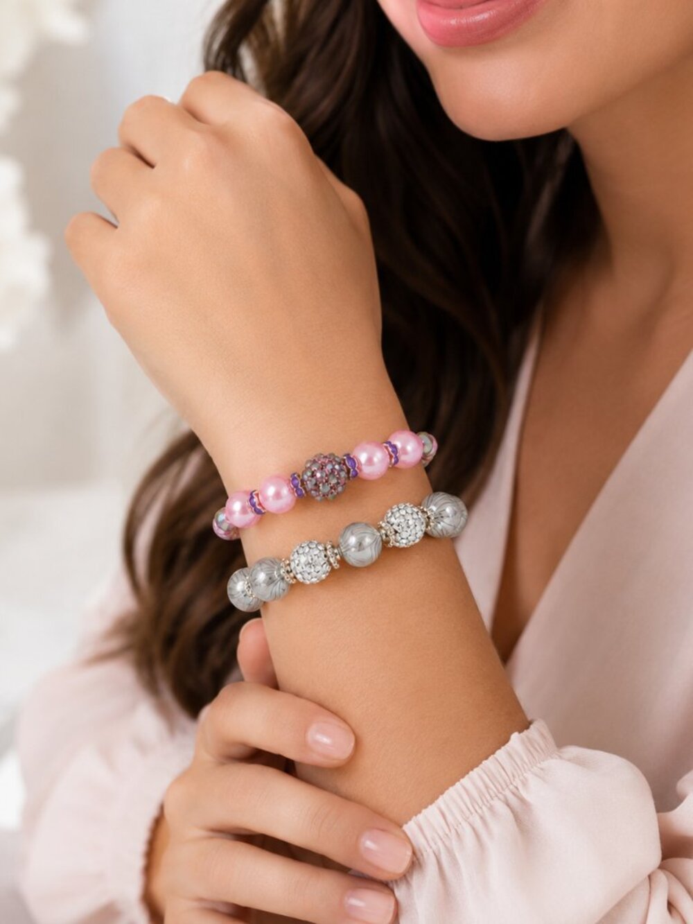 Handmade Stretch Beaded Bracelet Set Pink Purple & Silver Gray Sparkle - Picture 3 of 9